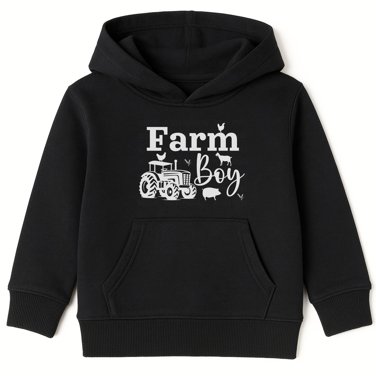 Kids black pullover “Farm Boy” hoodie with white tractor and farm animal design.