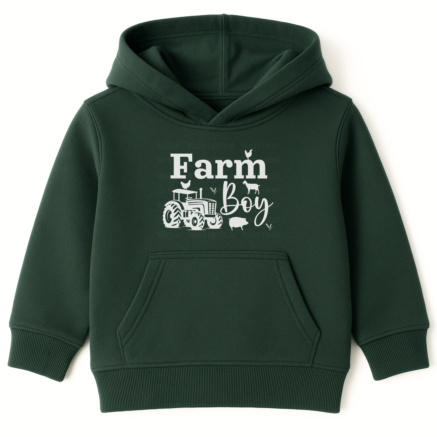 Dark green kids “Farm Boy” hoodie with white tractor and farm animal design.
