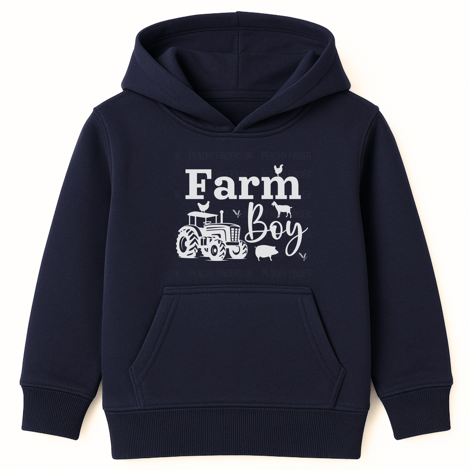 Kids navy “Farm Boy” hoodie with white tractor and farm animal design.