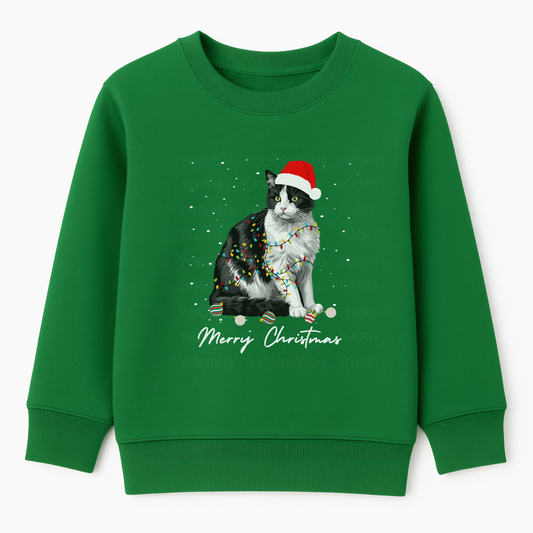 Kids Christmas Black & White Cat Sweatshirt | 3 - 13 years