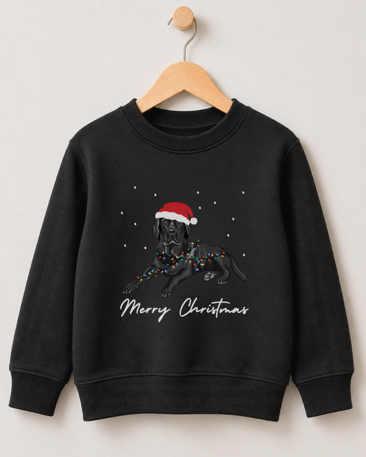 A children's black crewneck sweatshirt hanging on a wooden hanger against a light beige wall. The sweatshirt features a graphic of a black dog wearing a red Santa hat and colourful Christmas lights, with 'Merry Christmas' written in white script below.