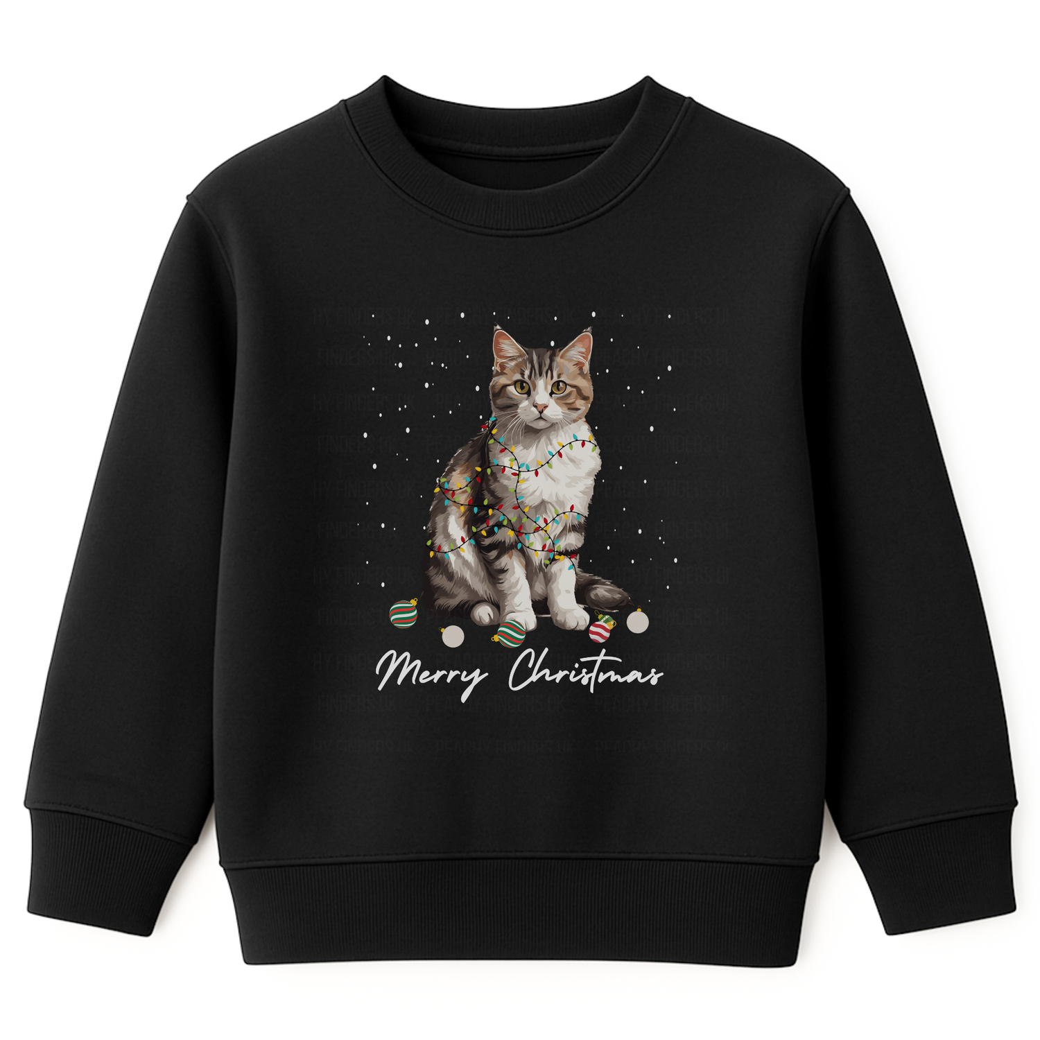 Kids Christmas sweatshirt featuring a cute tabby kitten wrapped in colourful Christmas lights with “Merry Christmas” underneath.