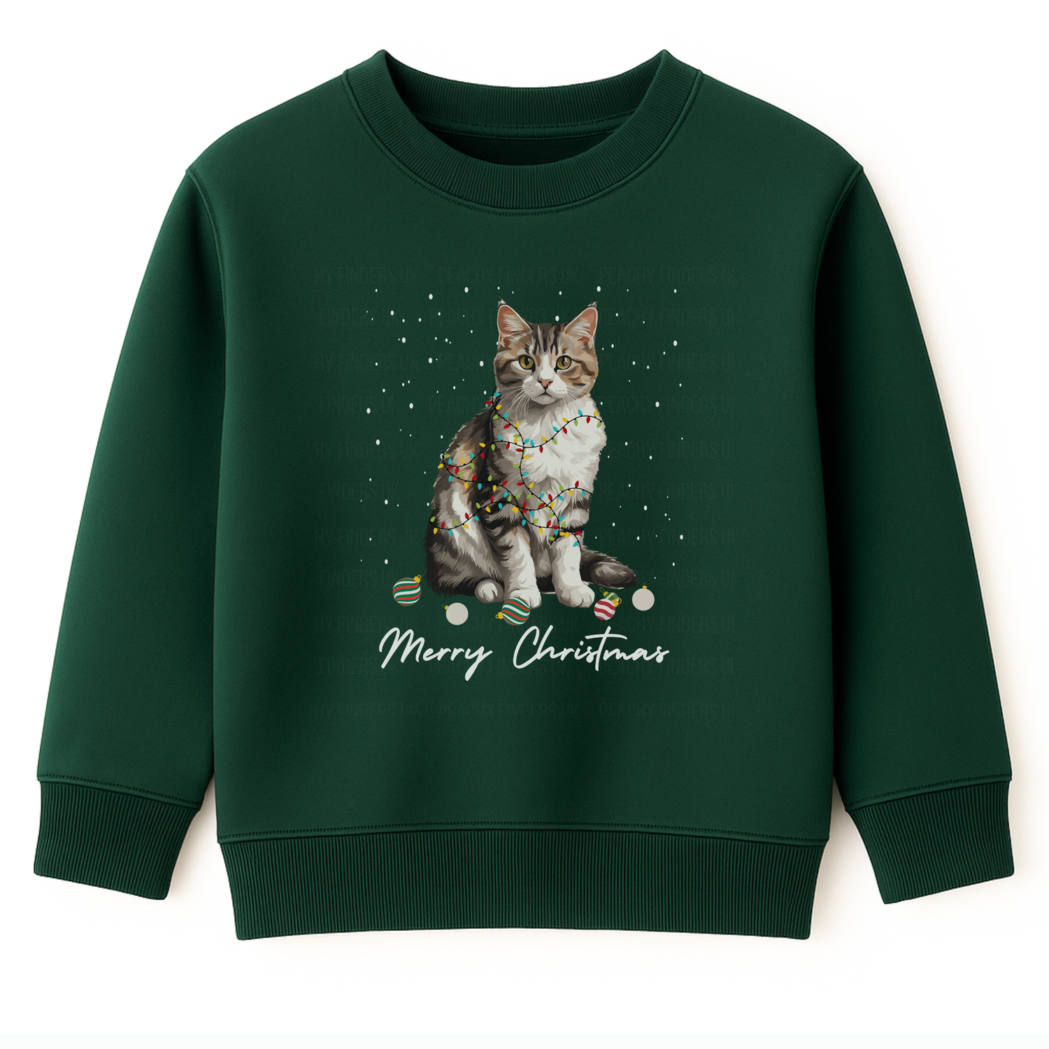 Dark Green kids Christmas sweatshirt featuring a cute tabby kitten wrapped in colourful Christmas lights with “Merry Christmas” underneath.