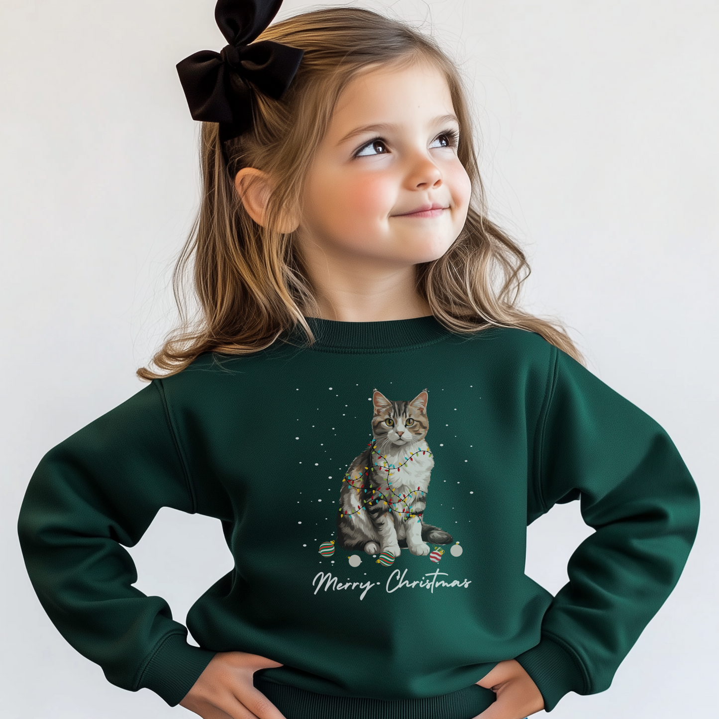 Little girl models a dark green Christmas jumper featuring a cute tabby kitten wrapped in colourful Christmas lights with “Merry Christmas” underneath.