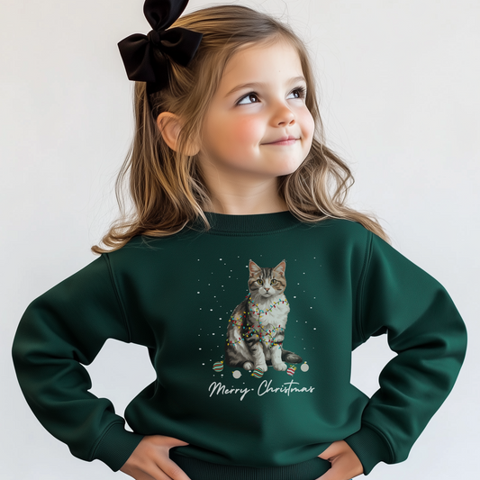 Little girl models a dark green Christmas jumper featuring a cute tabby kitten wrapped in colourful Christmas lights with “Merry Christmas” underneath.