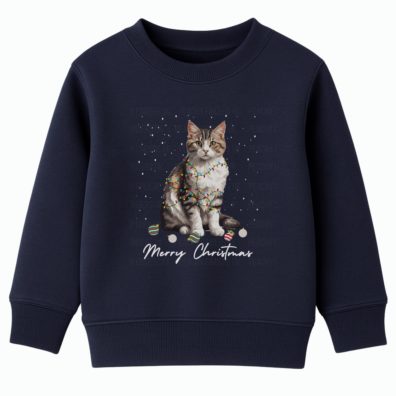Navy kids Christmas sweatshirt featuring a cute tabby kitten wrapped in colourful Christmas lights with “Merry Christmas” underneath.