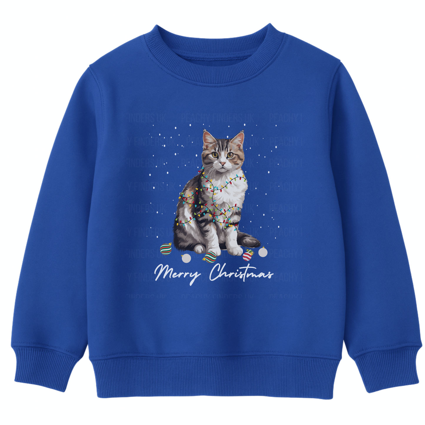 Royal Blue kids Christmas sweatshirt featuring a cute tabby kitten wrapped in colourful Christmas lights with “Merry Christmas” underneath.