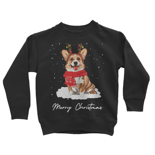 Kids Christmas-themed black sweatshirt with a funny Corgi wearing antlers and a red festive scarf with falling snow.