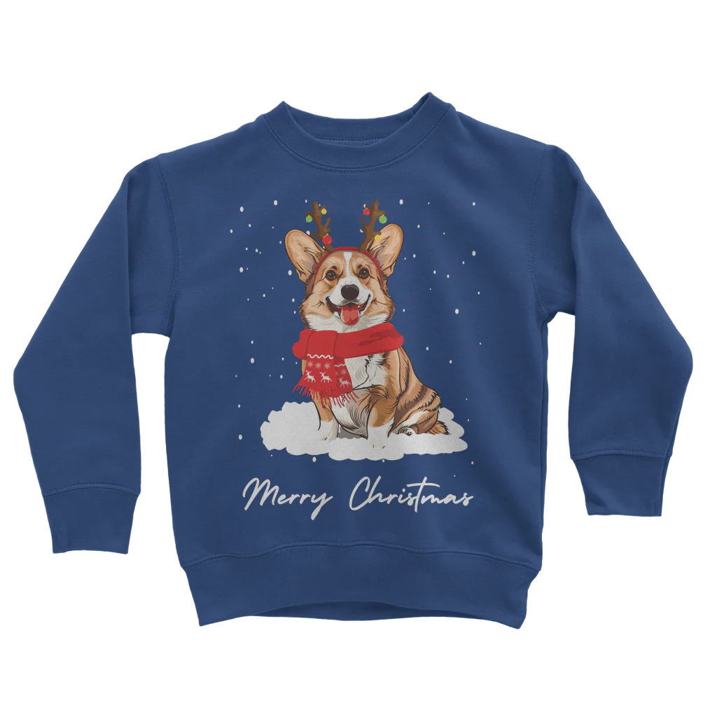 Kids Christmas-themed royal blue sweatshirt with a funny Corgi wearing antlers and a red festive scarf with falling snow.