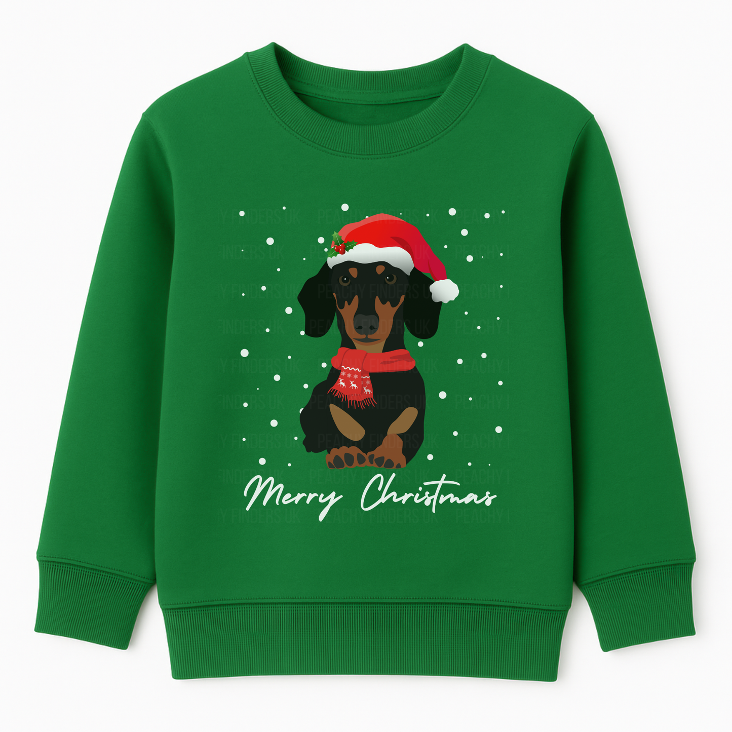 Kids green sweatshirt with a Christmas-themed dachshund design on a white background