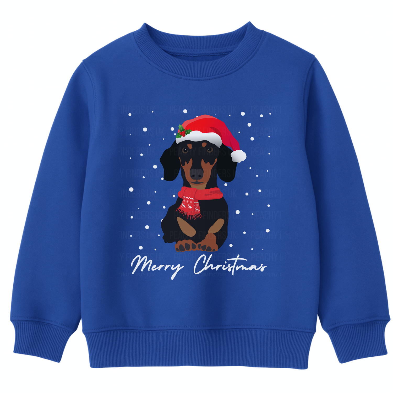 Kids royal blue sweatshirt with a Christmas-themed dachshund design on a white background