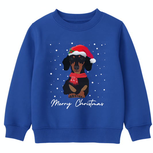 Kids royal blue sweatshirt with a Christmas-themed dachshund design on a white background