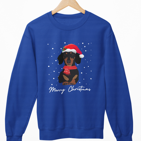 Blue sweatshirt with a Christmas-themed dachshund design on a white background