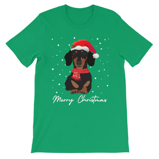 A green short-sleeved crew neck T-shirt with a graphic of a Dachshund wearing a Santa hat and the text 'Merry Christmas'.