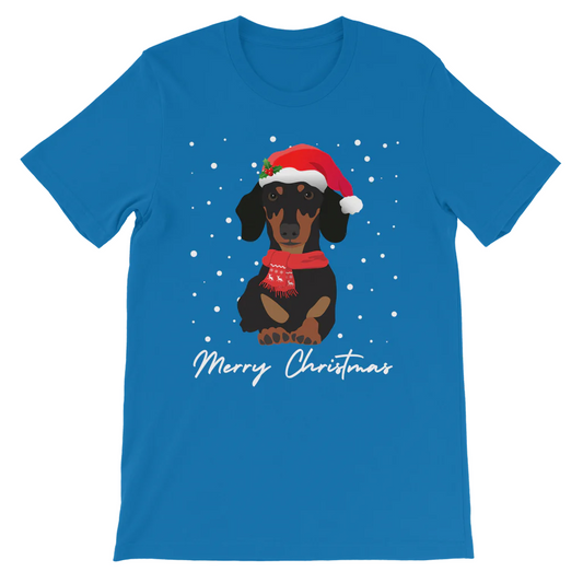 A blue short-sleeved crew neck T-shirt with a graphic of a Dachshund wearing a Santa hat and the text 'Merry Christmas'.