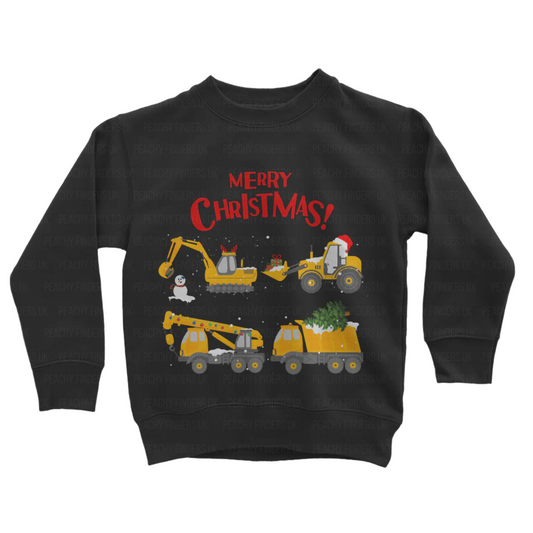 Children's black sweatshirt with a red 'Merry Christmas' and illustration of festive construction vehicles printed.