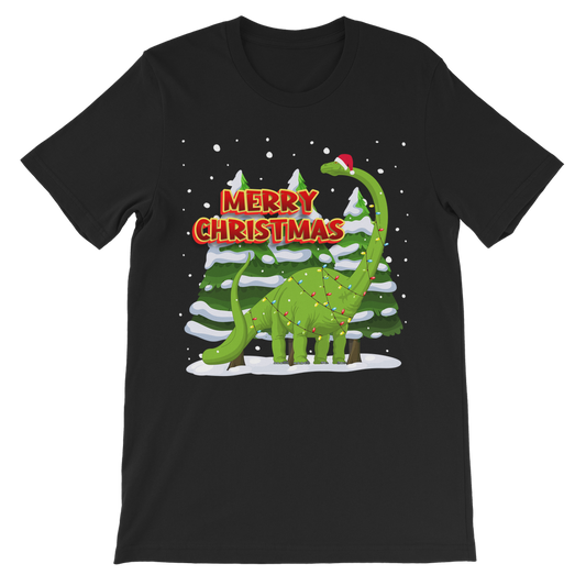 Black t-shirt for kids featuring a green brontosaurus wearing a Santa hat and wrapped in Christmas lights, standing in a snowy forest with "Merry Christmas" text.