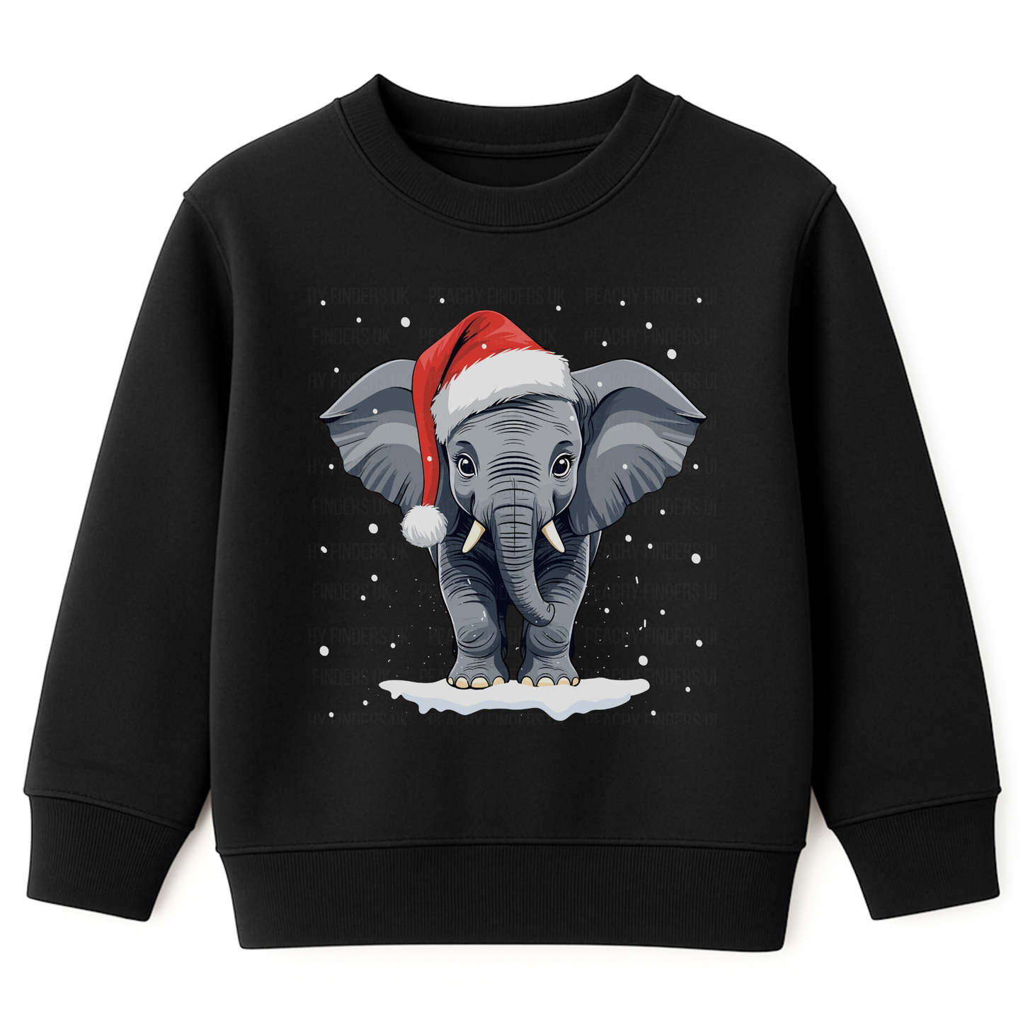 Kids black Christmas sweatshirt featuring a cute elephant wearing a Santa hat, surrounded by falling snow, standing on a patch of snow.