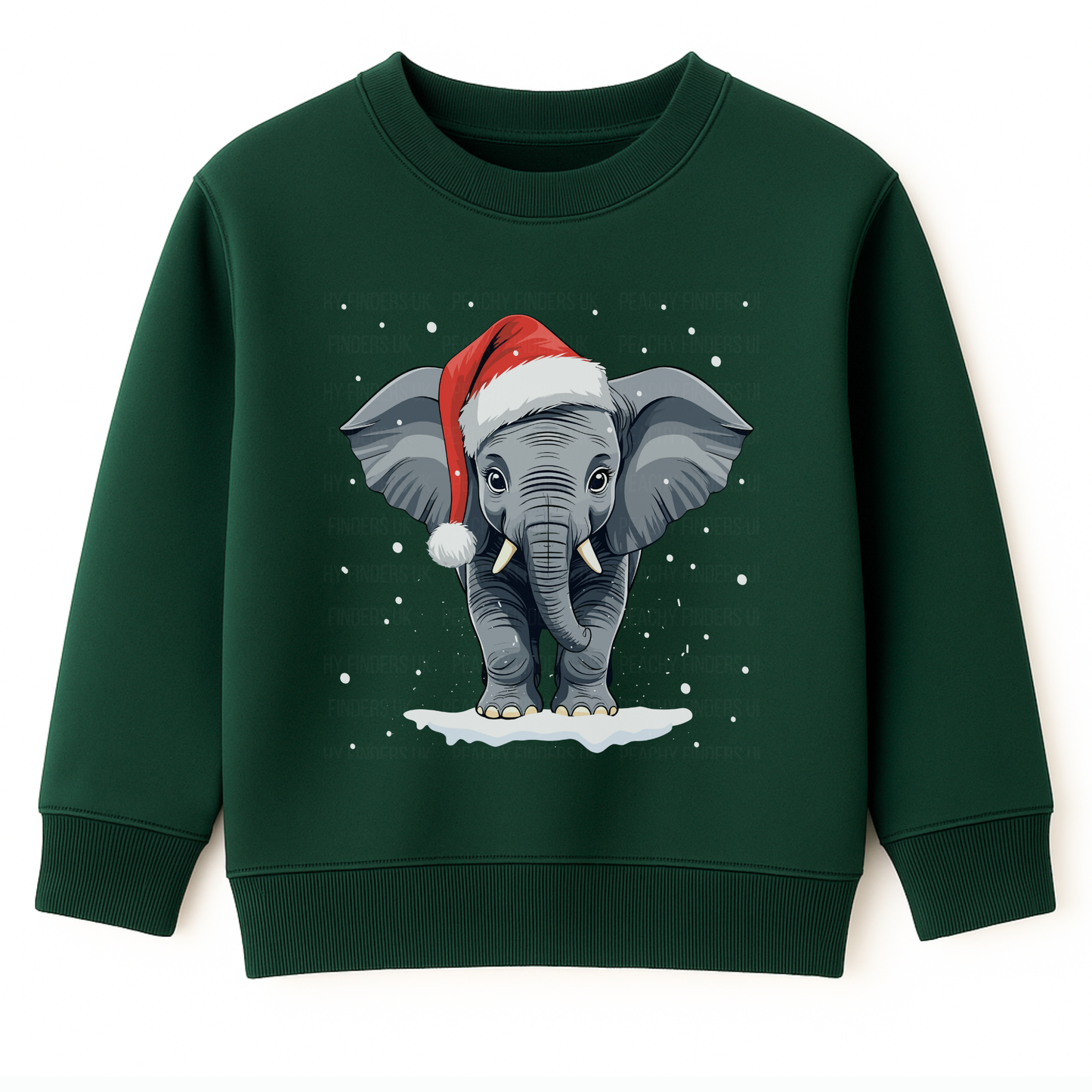 Kids dark green Christmas sweatshirt featuring a cute elephant wearing a Santa hat, surrounded by falling snow, standing on a patch of snow.