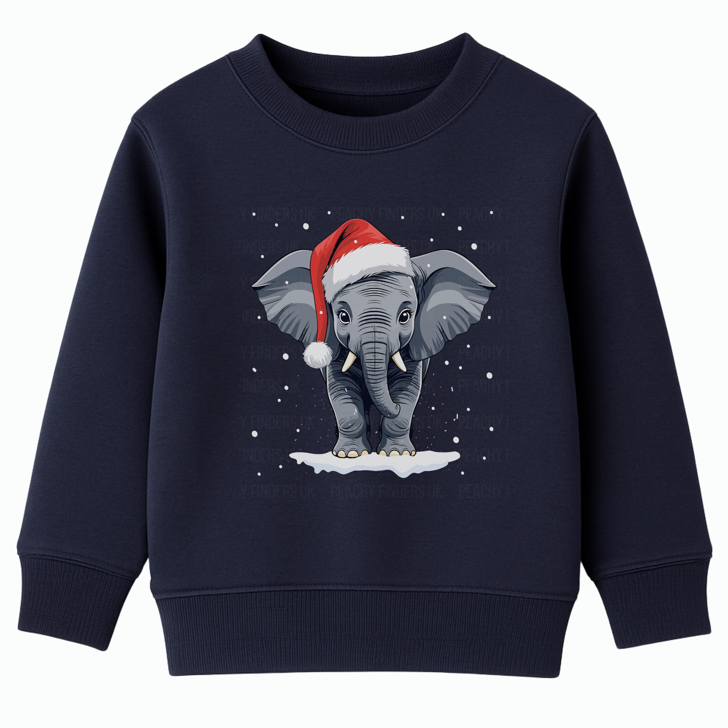 Kids navy Christmas sweatshirt featuring a cute elephant wearing a Santa hat, surrounded by falling snow, standing on a patch of snow.
