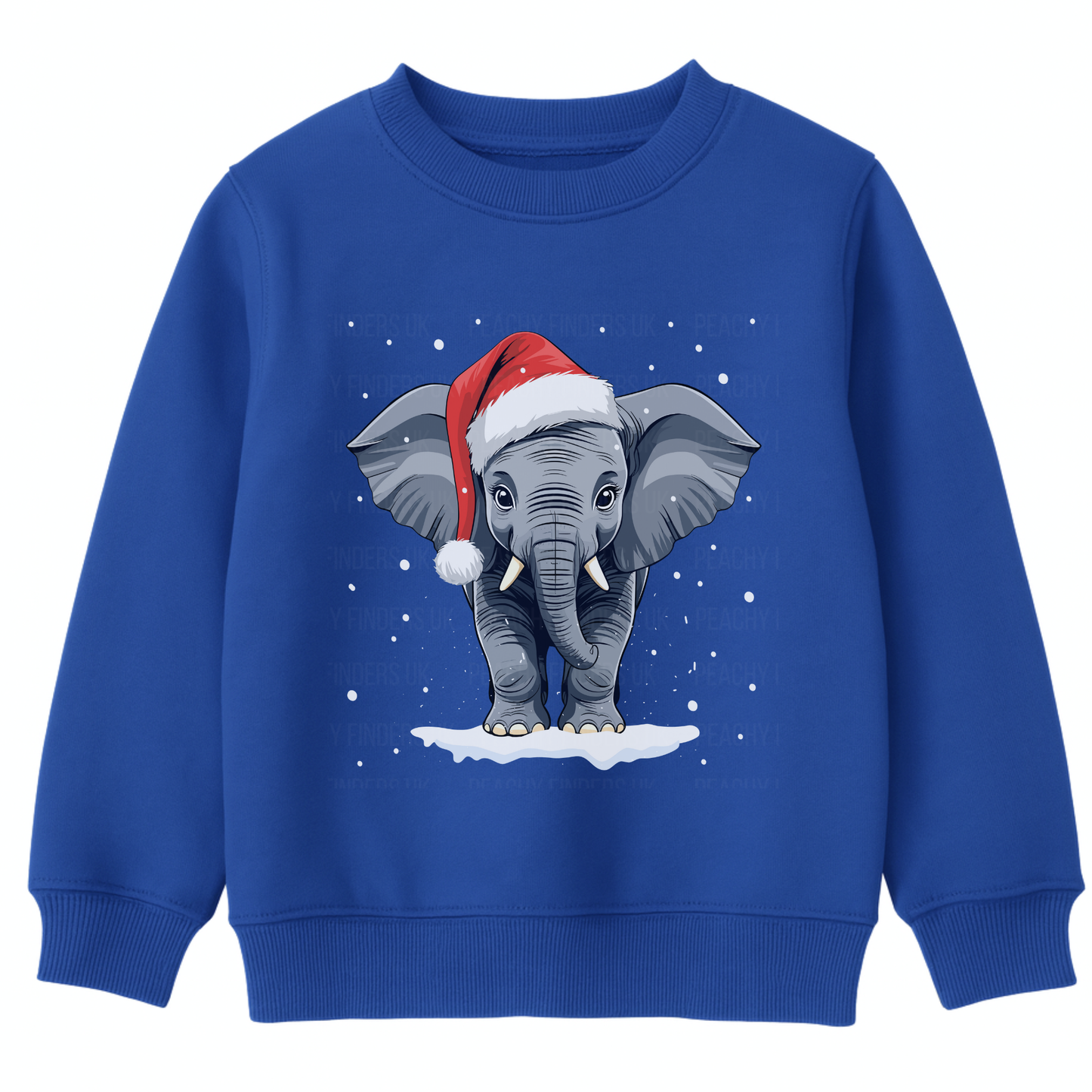 Kids royal blue Christmas sweatshirt featuring a cute elephant wearing a Santa hat, surrounded by falling snow, standing on a patch of snow.