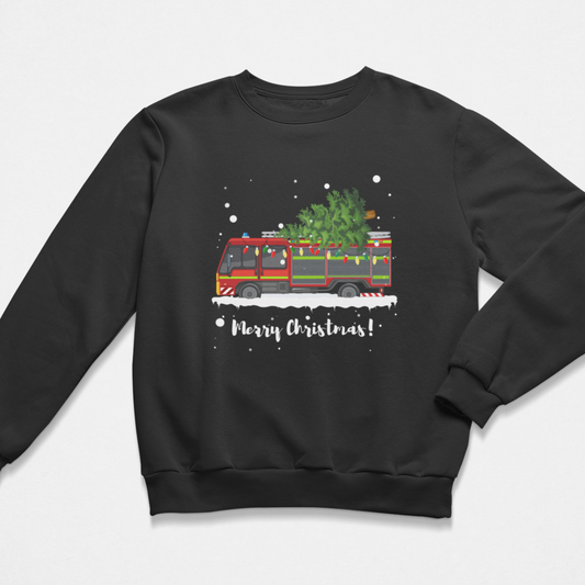 Black sweatshirt with a Christmas-themed design of a fire truck and tree on a white background