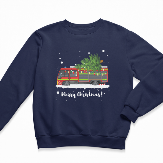 Kids navy blue sweatshirt with a Christmas-themed design of a fire truck and tree on a white background