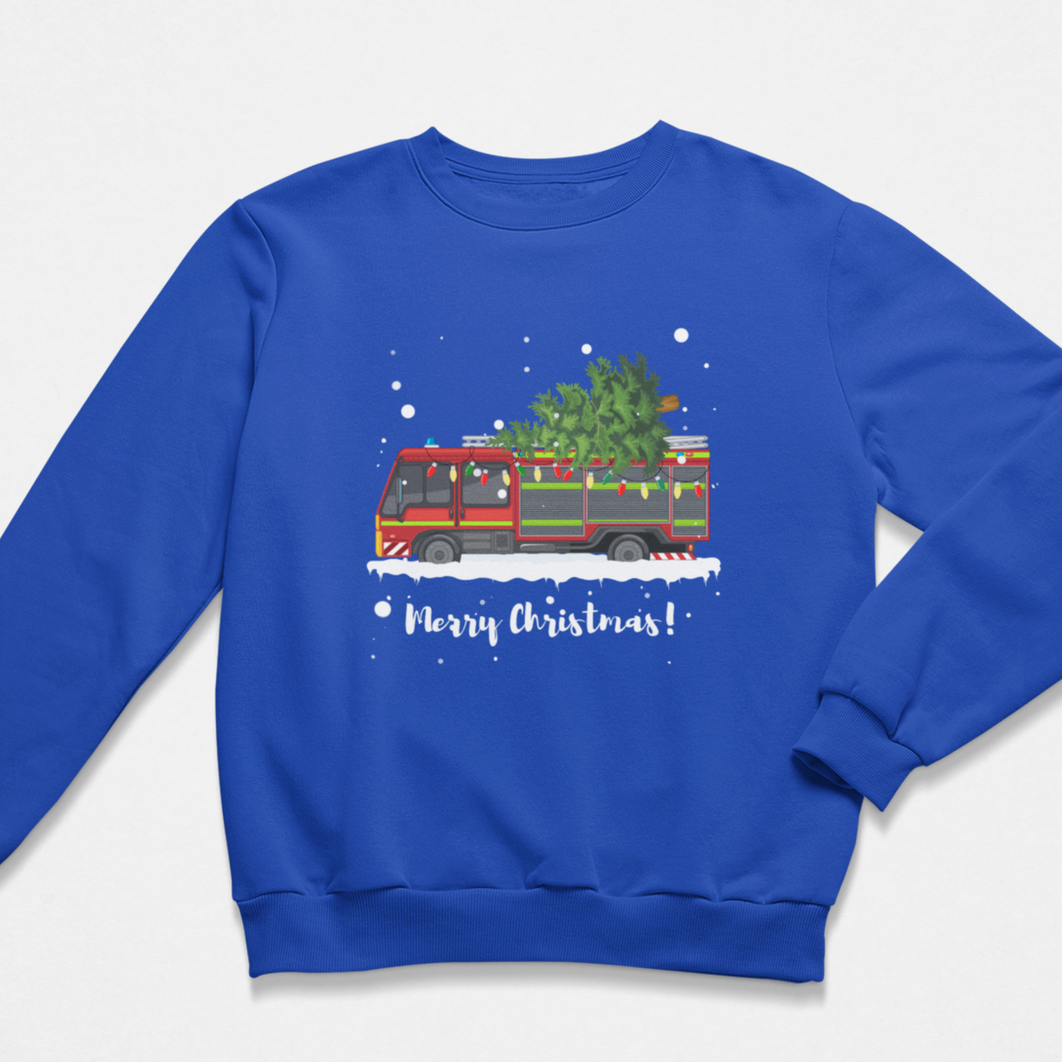 Kids royal blue sweatshirt with a Christmas truck design and 'Merry Christmas!' text on a white background
