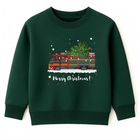Kids dark green Christmas sweatshirt featuring festive fire engine carrying a Christmas tree with Merry Christmas text and falling snow