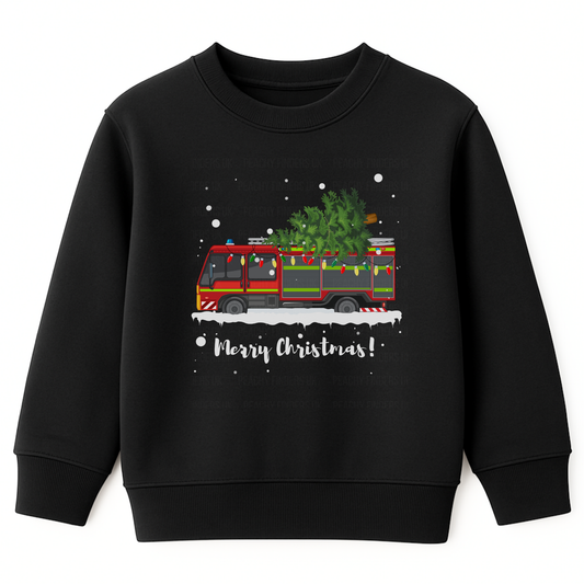 Kids black Christmas sweatshirt with festive fire truck carrying a Christmas tree and Merry Christmas holiday design