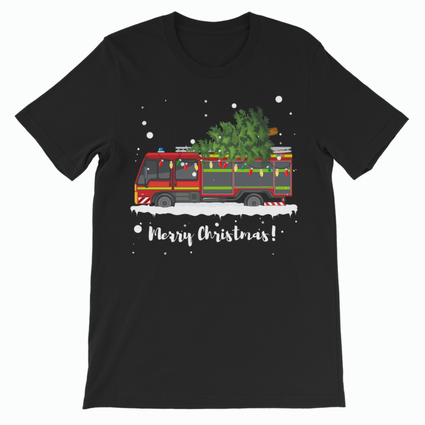 Kids holiday t-shirt with fire engine and Christmas tree illustration