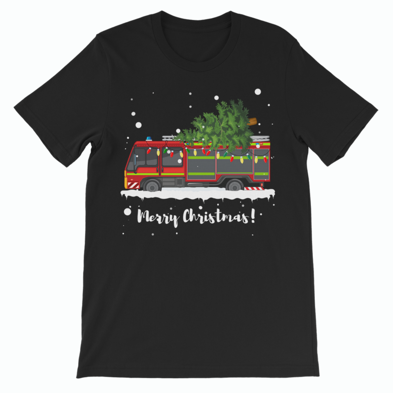 Kids holiday t-shirt with fire engine and Christmas tree illustration