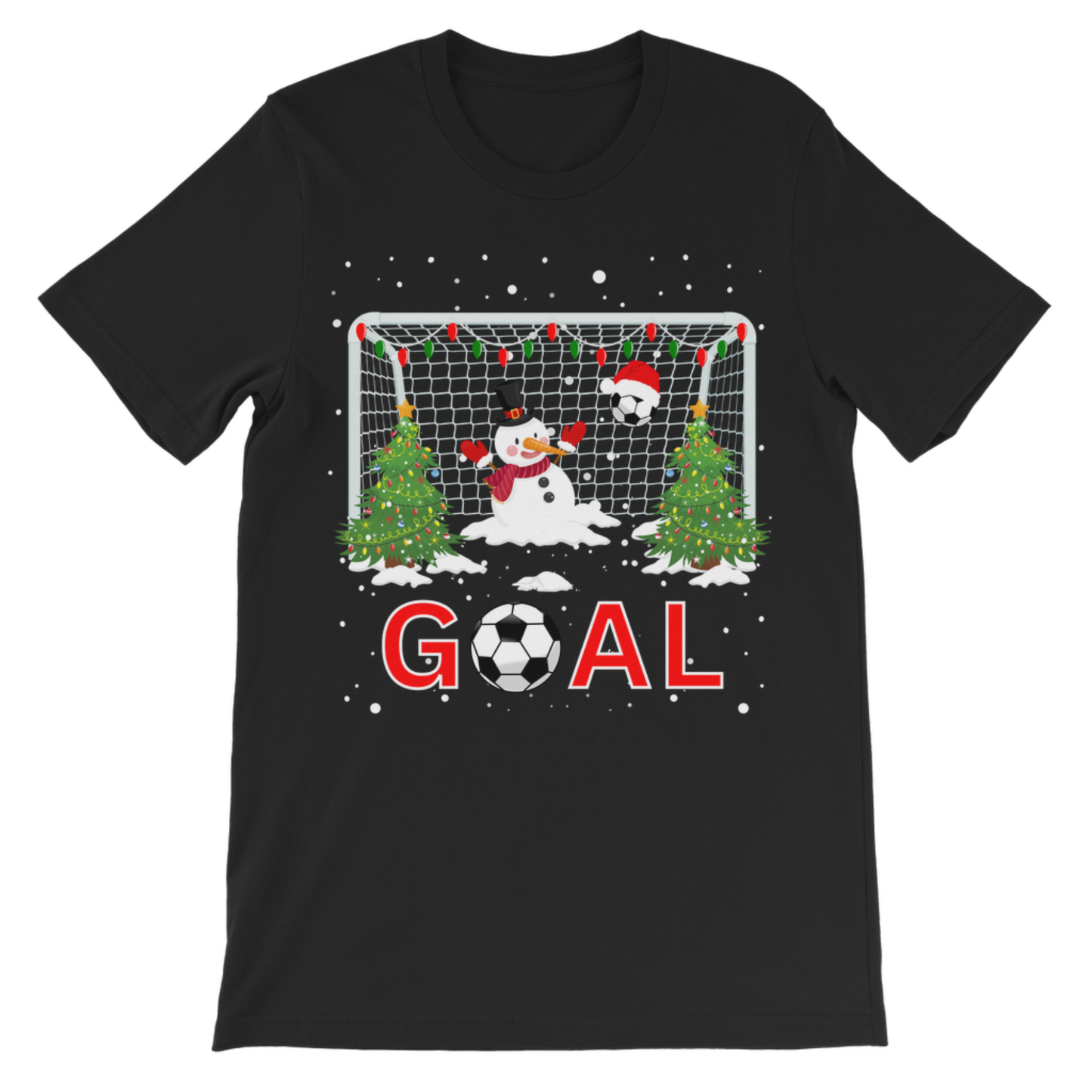 Kids Christmas football T-shirt with festive snowman goalkeeper, football goal, Christmas trees, falling snow and GOAL graphic.