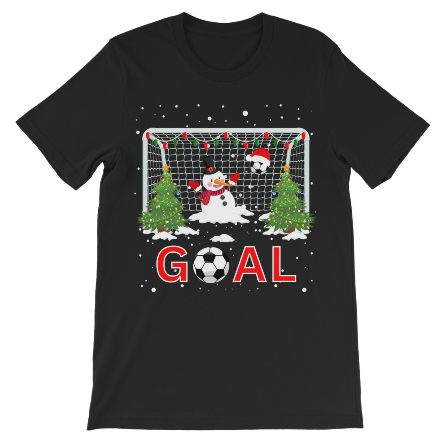 Kids Christmas football T-shirt with festive snowman goalkeeper, football goal, Christmas trees, falling snow and GOAL graphic.