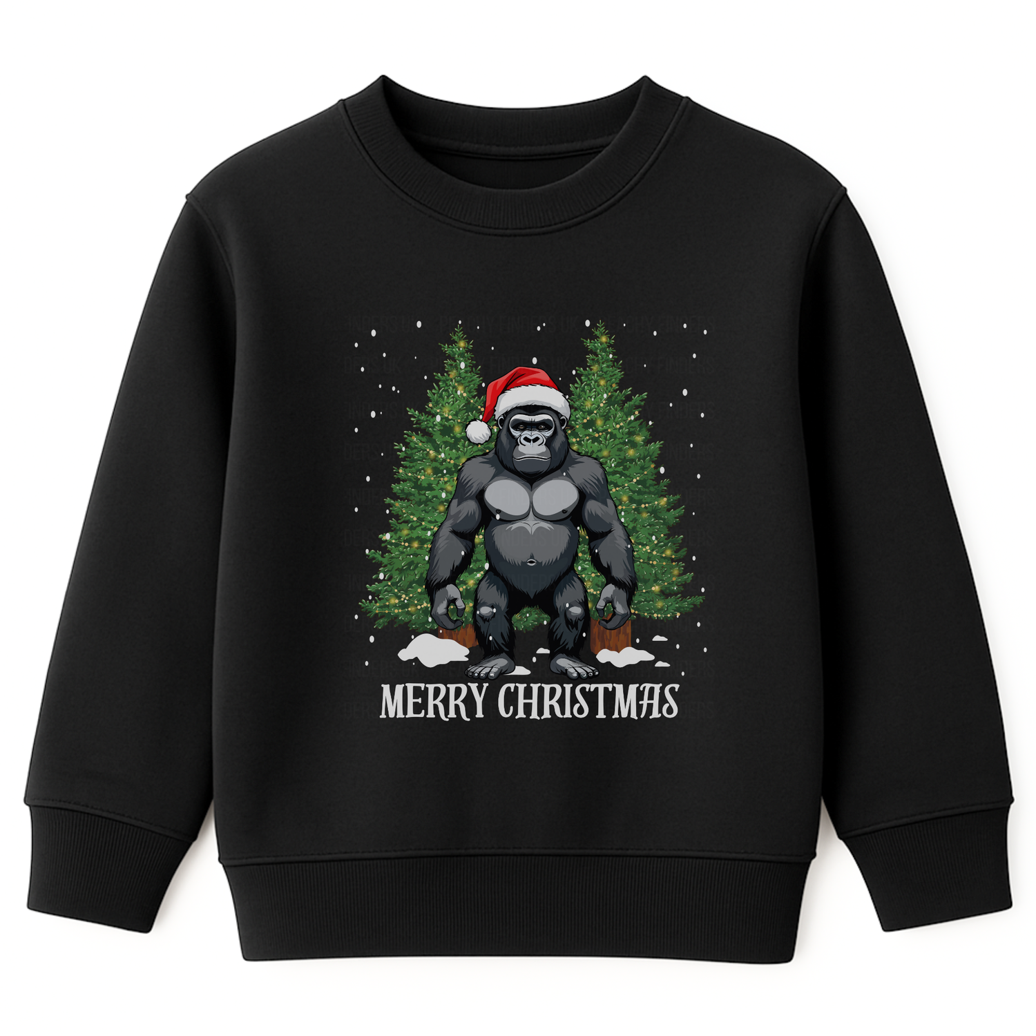 Kids black sweatshirt featuring a gorilla wearing a Santa hat, standing in front of two green Christmas trees decorated with lights. The text 'Merry Christmas' is below, with white snowflakes falling
