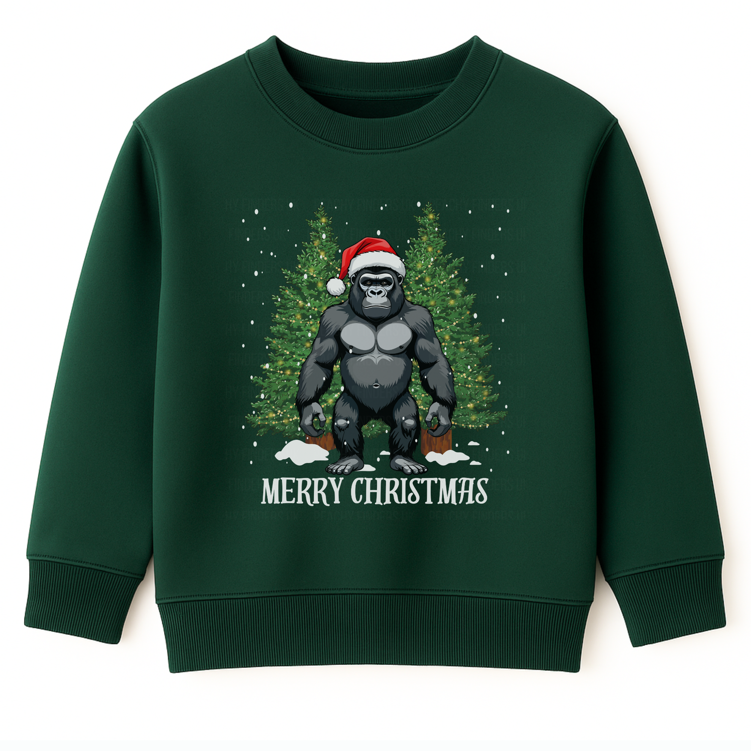Kids dark green sweatshirt featuring a gorilla wearing a Santa hat, standing in front of two green Christmas trees decorated with lights. The text 'Merry Christmas' is below, with white snowflakes falling