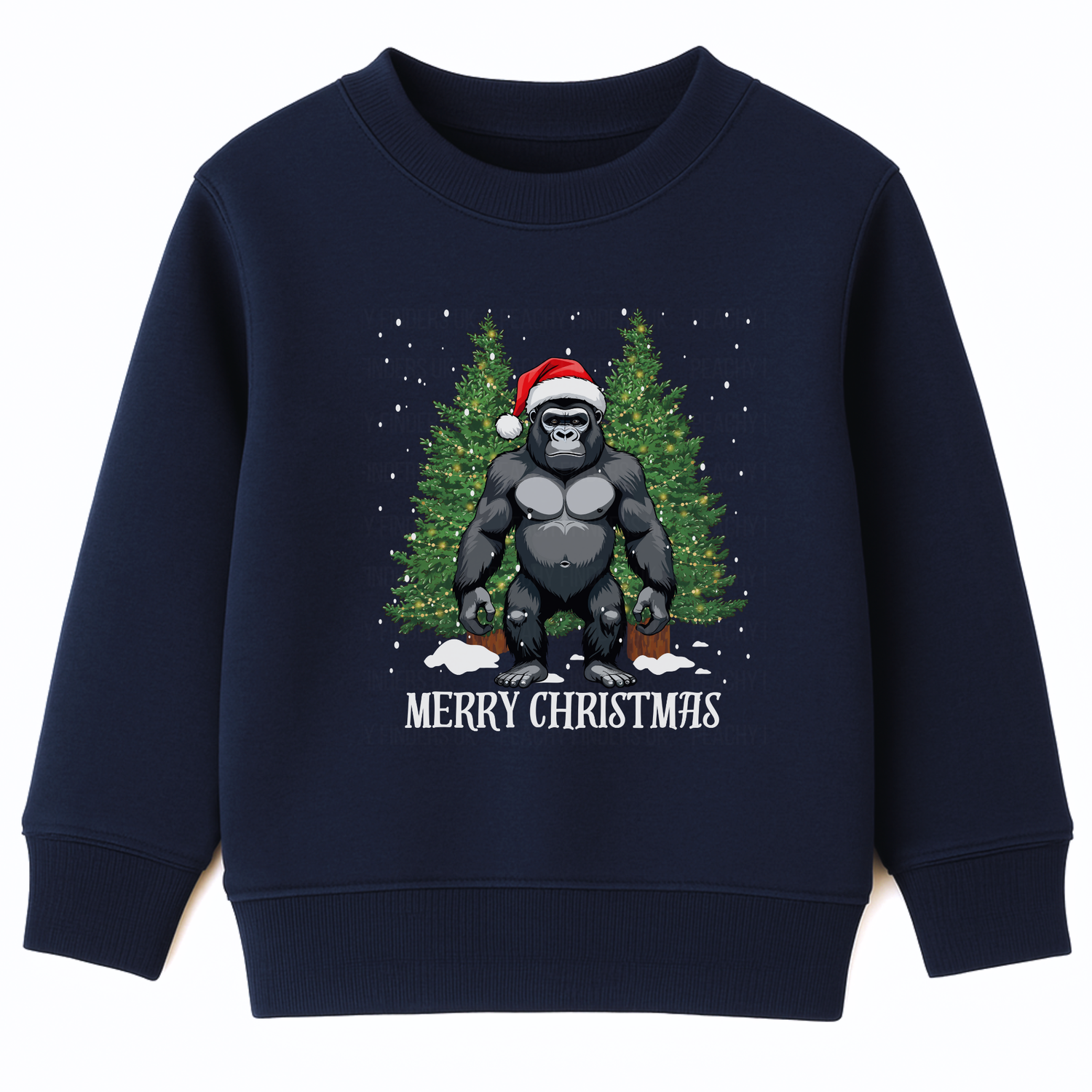 Kids navy sweatshirt featuring a gorilla wearing a Santa hat, standing in front of two green Christmas trees decorated with lights. The text 'Merry Christmas' is below, with white snowflakes falling