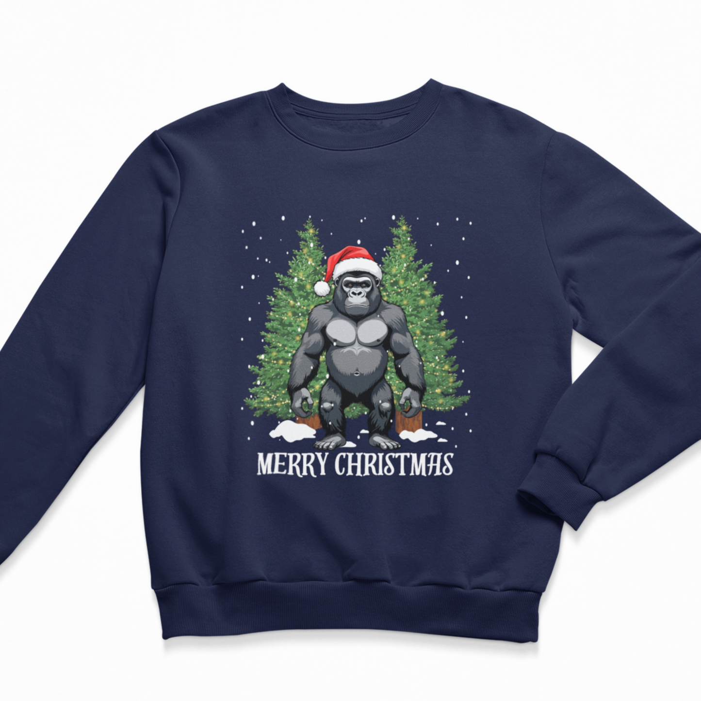 A kids navy blue crewneck sweatshirt featuring a graphic of a gorilla wearing a Santa hat in front of Christmas trees with the text 'MERRY CHRISTMAS' printed below.