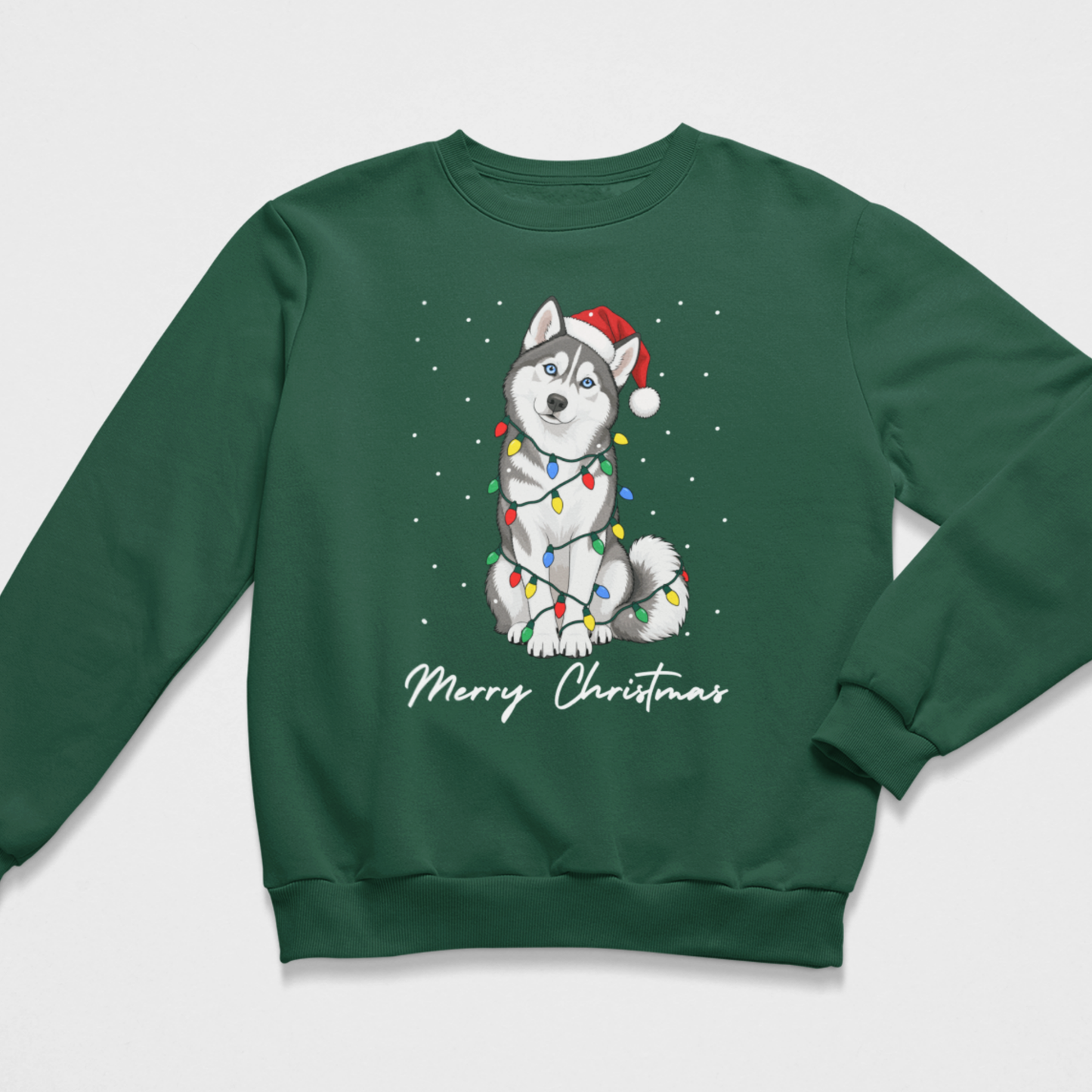 Kids dark green Christmas sweatshirt with a blue-eyed husky wrapped in colourful lights, wearing a Santa hat above Merry Christmas text.