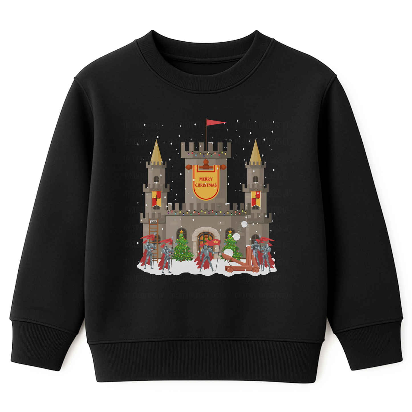 Kids black Christmas sweatshirt showing a snowy stone castle with “Merry Christmas” banner, golden turrets, red-armoured knights, catapult and festive trees on the front.