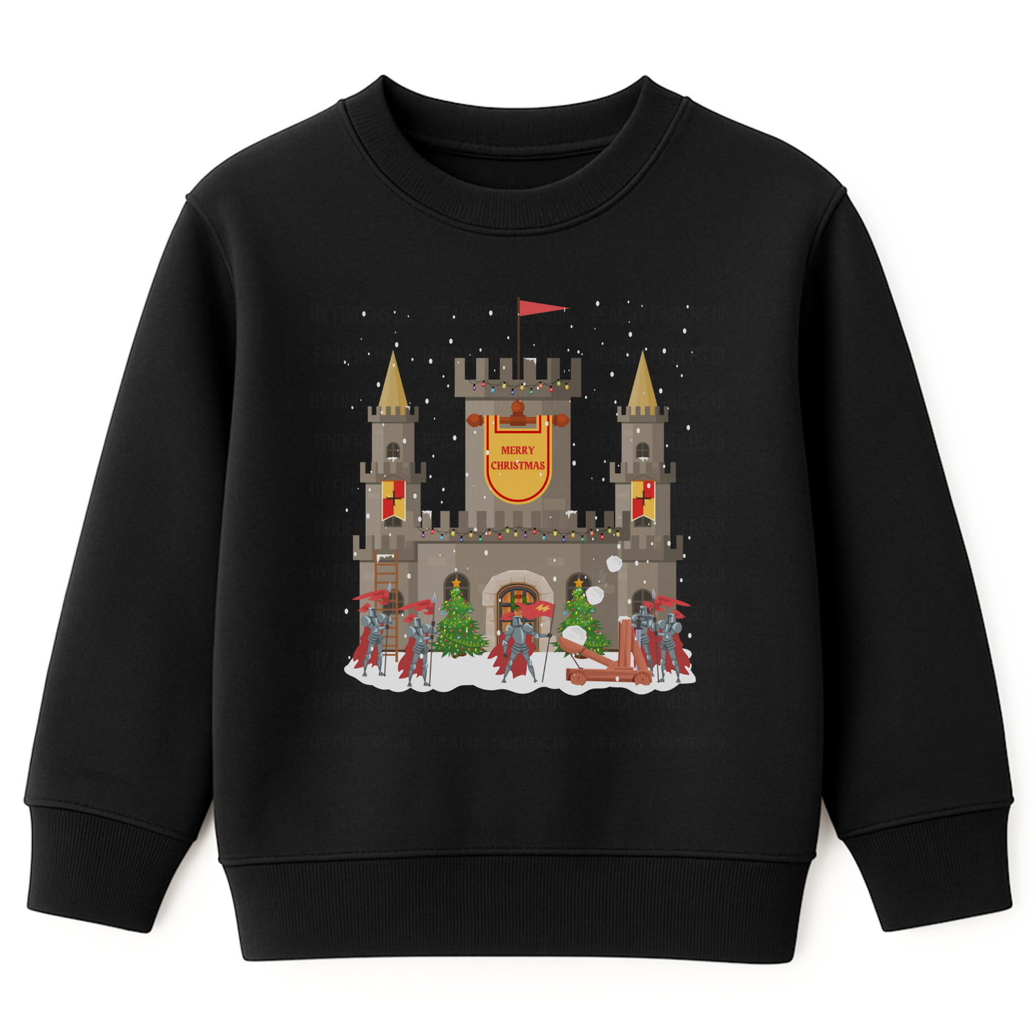 Kids black Christmas sweatshirt showing a snowy stone castle with “Merry Christmas” banner, golden turrets, red-armoured knights, catapult and festive trees on the front.