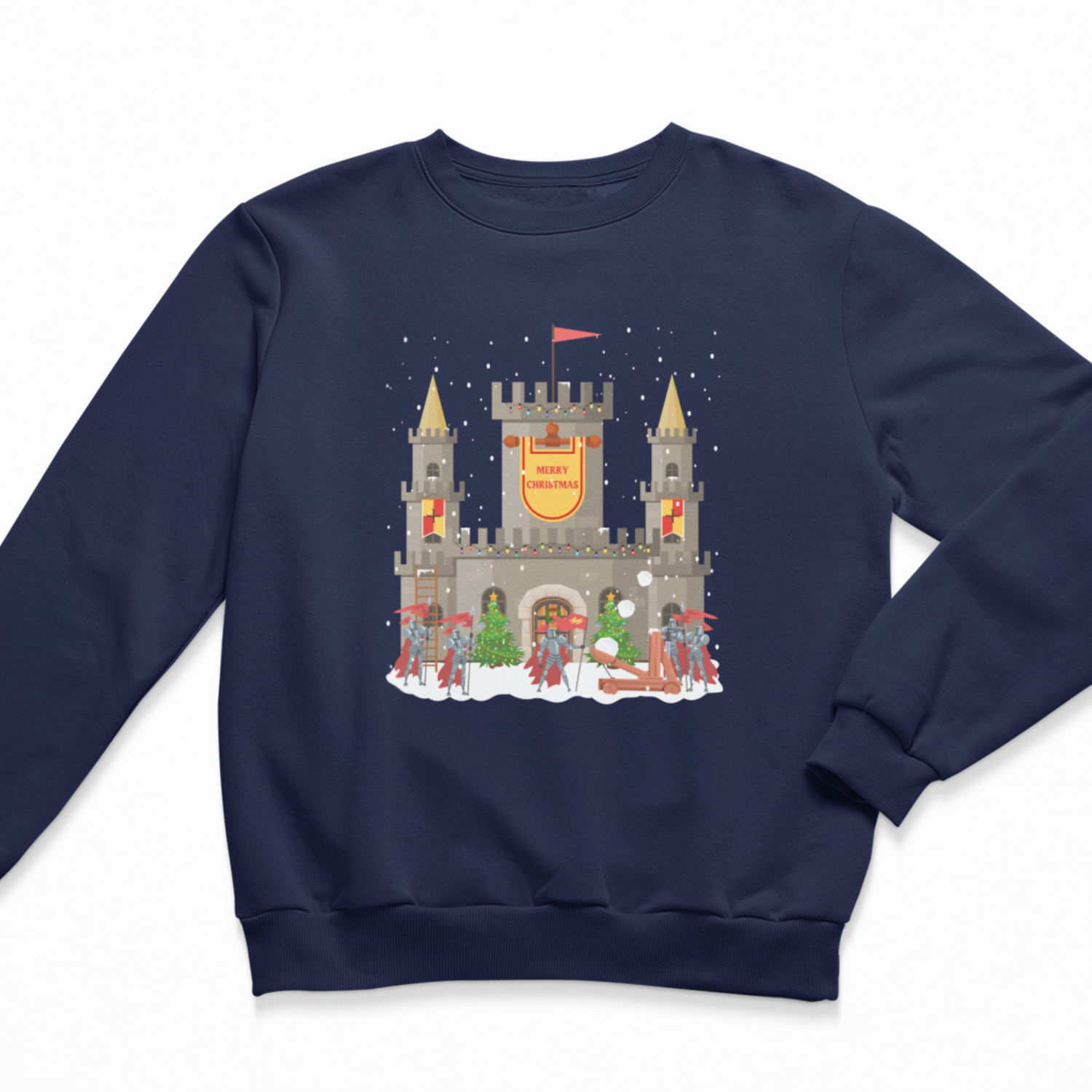 Navy kids Christmas sweatshirt showing a snowy stone castle with “Merry Christmas” banner, golden turrets, red-armoured knights, catapult and festive trees on the front.