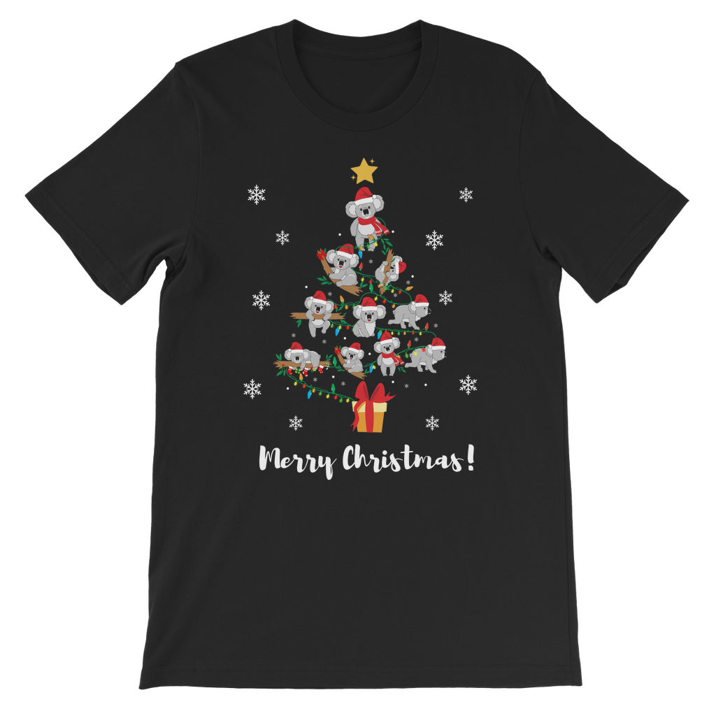 Unisex kids black Christmas T-shirt featuring an adorable design of multiple koalas forming the shape of a Christmas tree, with festive lights, snowflakes, and a gift box at the bottom, and the text “Merry Christmas!” below.