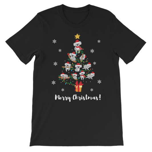 Unisex kids black Christmas T-shirt featuring an adorable design of multiple koalas forming the shape of a Christmas tree, with festive lights, snowflakes, and a gift box at the bottom, and the text “Merry Christmas!” below.