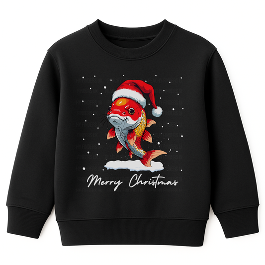 Kids black Christmas jumper featuring a festive koi carp wearing a Santa hat, surrounded by snowflakes.