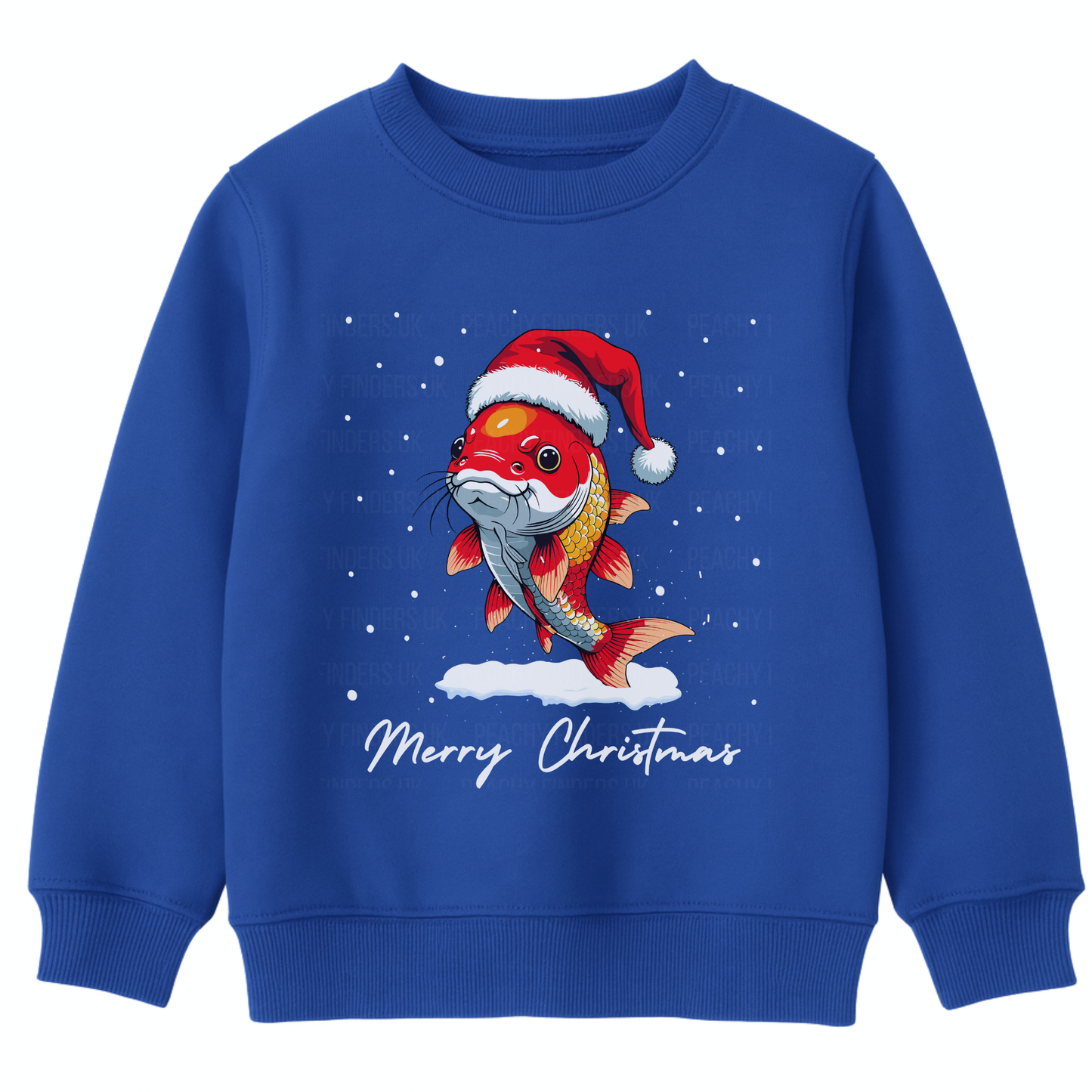 Kids royal blue Christmas jumper featuring a festive koi carp wearing a Santa hat, surrounded by snowflakes.