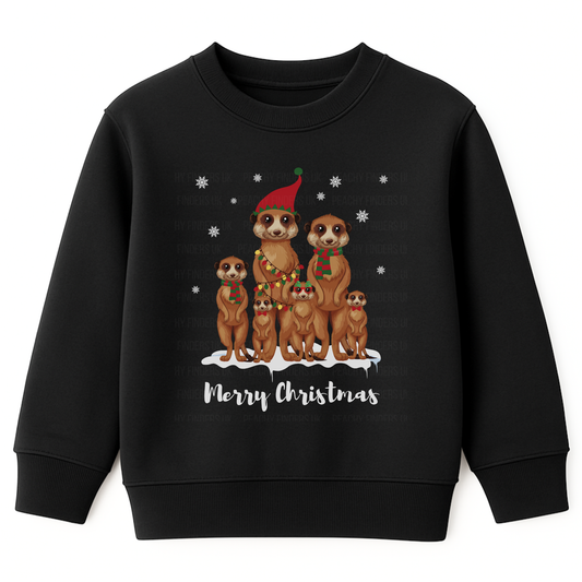 Kids black Christmas sweatshirt with a festive meerkat family illustration and “Merry Christmas” text on the front.