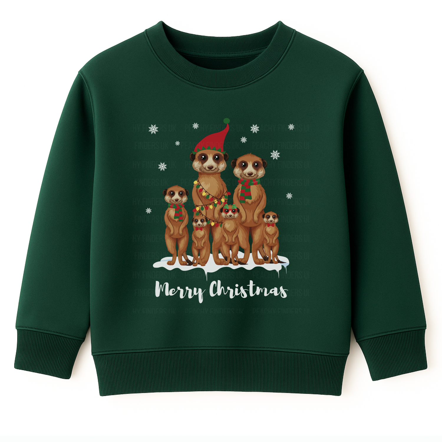 Dark green kids Christmas sweatshirt with a festive meerkat family illustration and “Merry Christmas” text on the front.