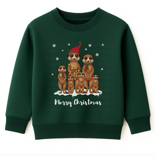 Dark green kids Christmas sweatshirt with a festive meerkat family illustration and “Merry Christmas” text on the front.