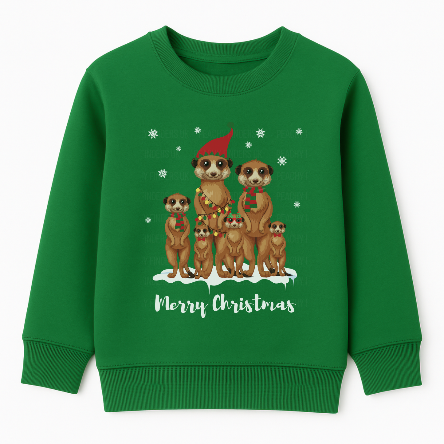Kids kelly green Christmas sweatshirt with a festive meerkat family illustration and “Merry Christmas” text on the front.
